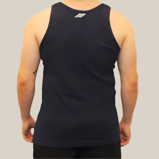 Person wearing a black tank top with a logo on the back against a white background